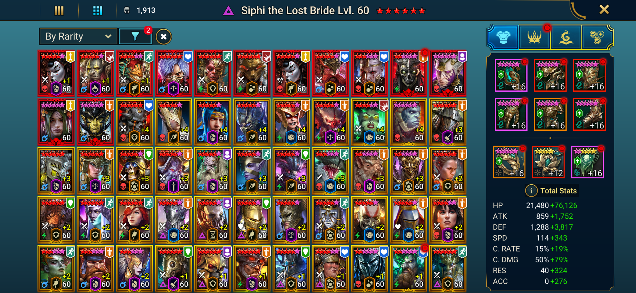 [16 Mythical Champions][44.42M] Lady Mikage+1(5*)/x2,Galathir,Toshiro(6*),Lazarius+1 390,Mezomel(6*),Gizmak+1(5*),Calamitus,Aphidus,Nell,Frolni,Embrys,Karnage(6*) + 467 LEGENDARY (Marius+1(6*),Narses(6*)+Ankora+2(5*),Tormin+1+Hilvi 400,Acrizia x2+Gnut,Siphi(6*)/x2 457,Yumeko(6*)/x2 417,Odin(6*),Warlord+2,Tuhanarak(6*)/x3,Arb(6*)/x2,Leonardo,Taras,Nekhret+1(6*),Cardi x2,Armanz(6*)/x2,Trunda+3(6*)/x2,Harima x2,Predator+1,Michinaki(6*),Nekmo(6*),Razelvarg(6*),Gnishak+3,Rathalos+3(6*),Ninja+4,Noldua,Basim,Edward,Victor,Lyssa+2(6*) 418,Ragash+2(6*),Ronda+2(6*)…) + 1k UNM + 1k NM HYDRA + 1k UNM Chimera + 25 SD/25 SHOGUN AUTO + 2 PLAT/RTA AVATARS + Mythic relic x3 + 27107 gems